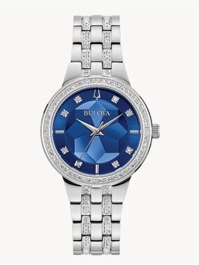 Bulova Silver Bracelet Watch with Blue Faceted Dial and Crystal Accents